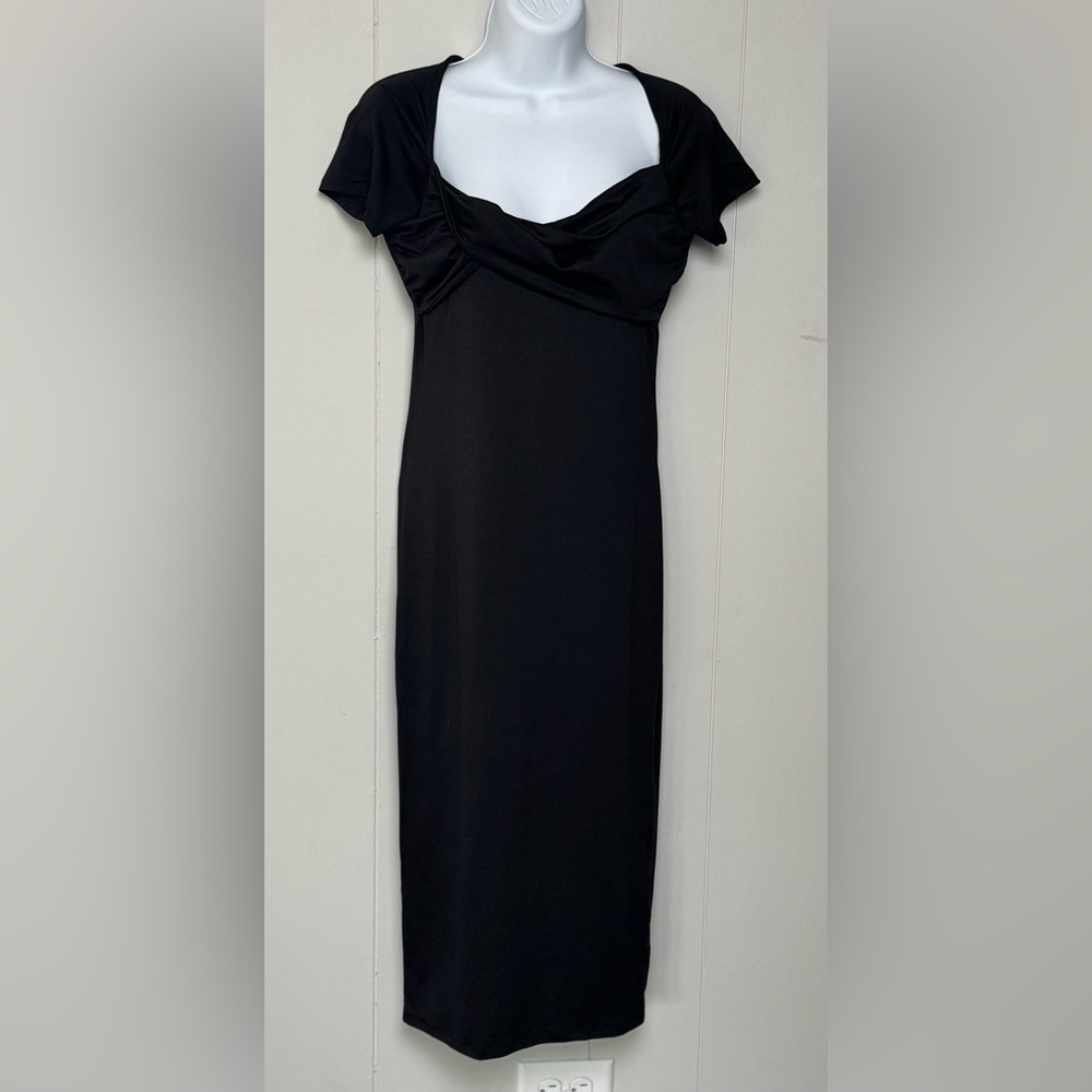 NWT Hidden Brand Elegant Midi Cap Sleeve Ruched Bust Black Evening Dress Size M